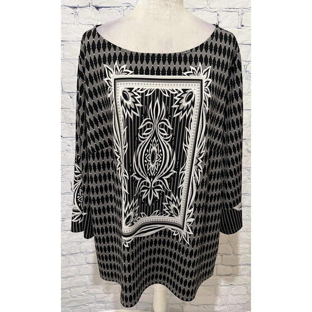 Bob Mackie Wearable Art Placed Print Knit Pullover Top Black White Plus Size 3X